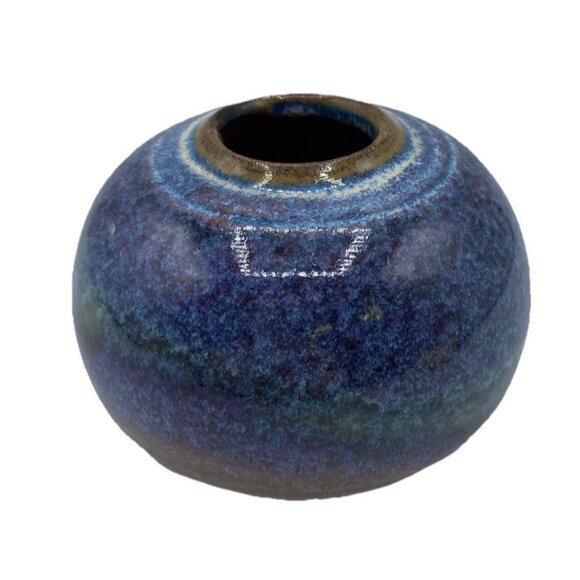 Studio Pottery Round Blue Vase Signed 2.75 in Tall Handmade Artisan Collectible - Picture 3 of 13